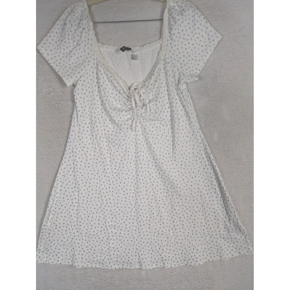 H&M Divided Dress Women's XL White Blue Floral Lace Trim Ribbed Cinched